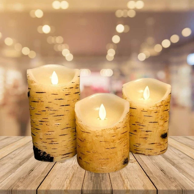 Flameless Birch Bark Candles - LED, Battery Operated, Remote - Pack of 3