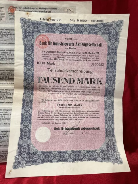 Germany Vintage 5% Bank for Industriew. Aktirngesellschaft Loan Bond 1000 Mark
