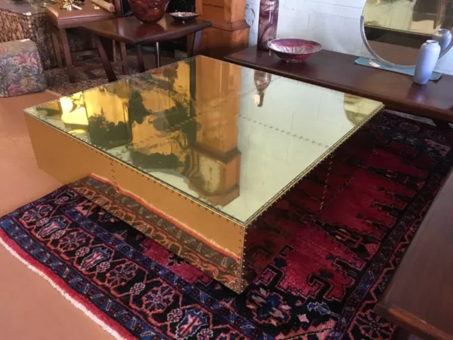 MCM 42”x42”BRASS CLAD/RIVETED COFFEE TABLE ON PLINTH BASE-ATTRIBUTED TO SARREID~