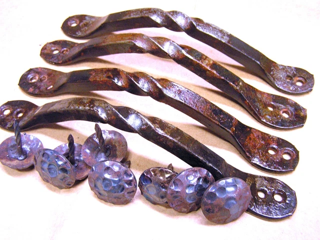 4 hand forged twisted iron drawer handles, cabinet pulls, 8 clavos, set YP