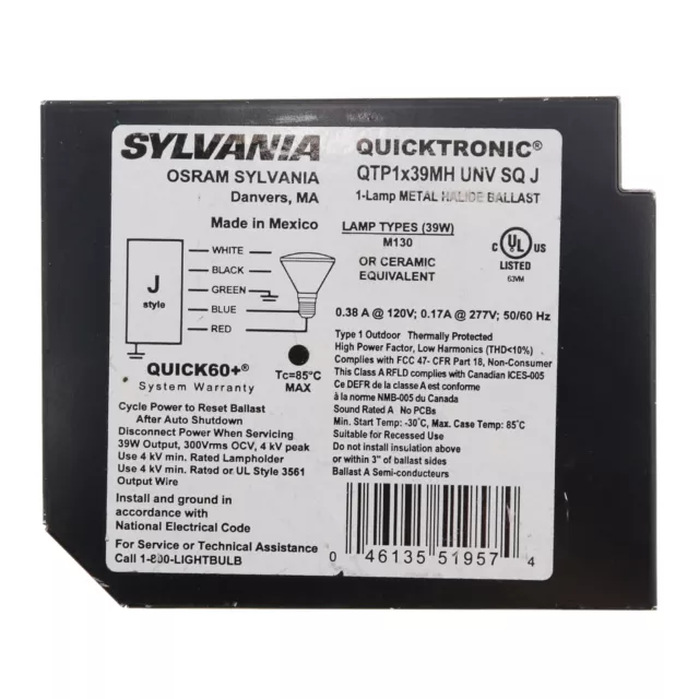 Sylvania Qtp1X39Mh-Unv-Sq-J Electronic Metal Halide Mh Ballast, 39W Cdm, 120/277