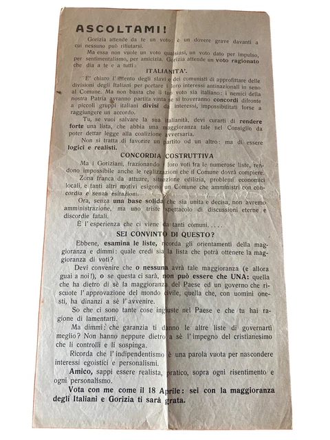 Manifesto Politico Elezioni Di Gorizia Anni ‘20/40 Italiani Slavi E Comunisti