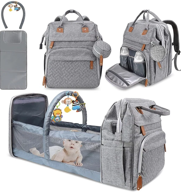 Baby Diaper Bag Backpack w/ Changing Station, Travel Foldable Playpen & USB Port
