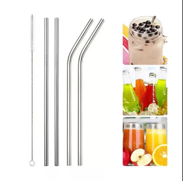 Reusable Stainless Steel Straws Metal Beer Drinking Washable Bent Straw Brush AU