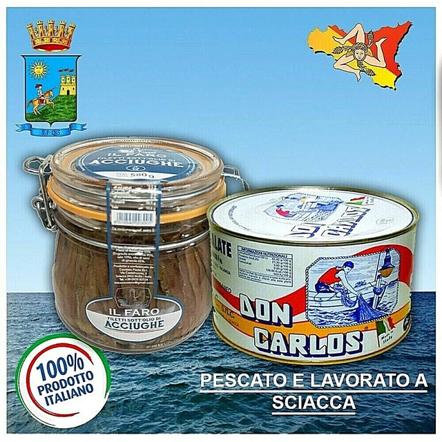 ACCIUGHE SALATE 850g FILETTI DI ACCIUGHE SOTT'OLIO 580g SCIACCA ALTA QUALITA'