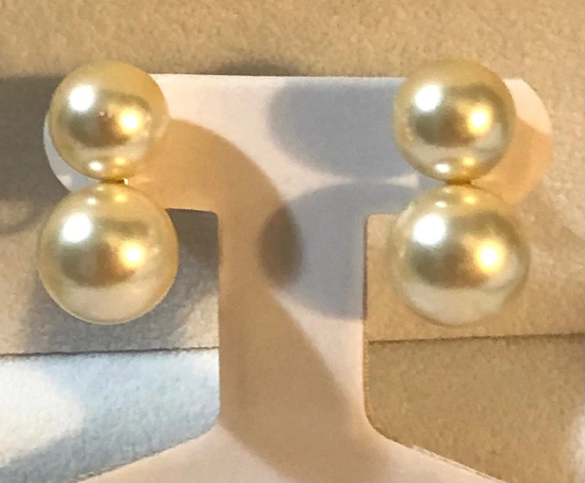 Vtg Large Double Pearl Gold Earrings Modern MOD Trendy Preppy 80s Vtg