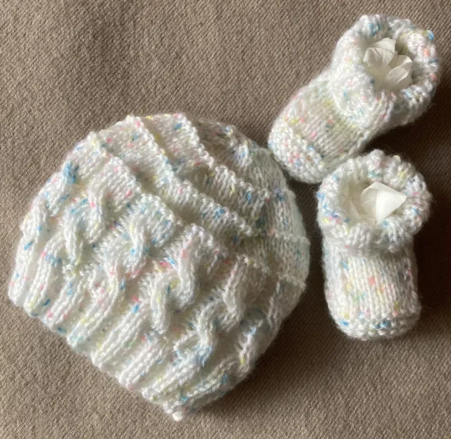 Baby Beanie & Booties Set. Hand-knitted by me. Extra Soft. Pale Multicolour.