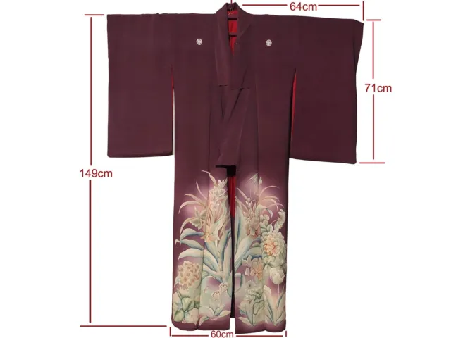 Vintage Formal Wine Color Silk Floral Montsuki Iro Tomesode Kimono: Oct18B