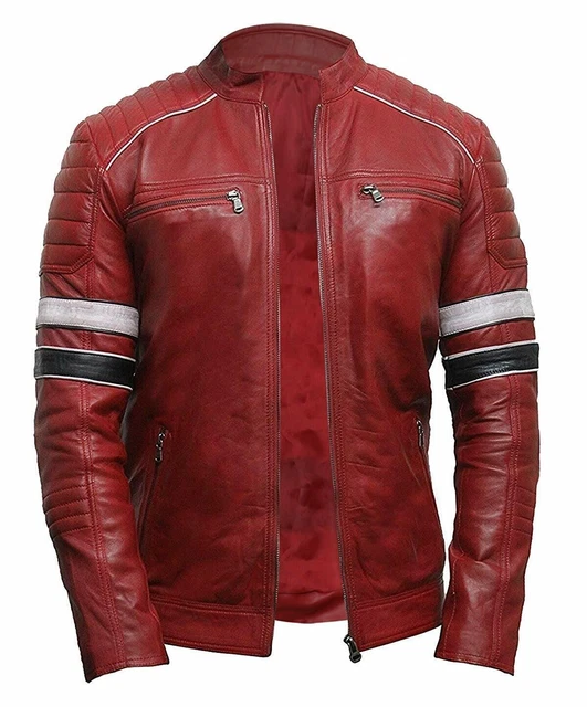 Giacca Da Uomo Borgogna Biker Slim Fit Originale Moto Cafe Racer Retrò In Pelle