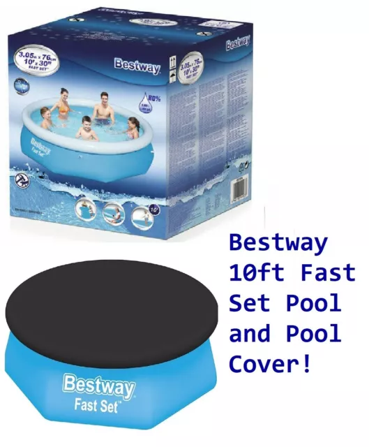 Bestway 10ft Fast Set Pool, 10 Foot Kids Round Swimming Paddling Pool and Cover