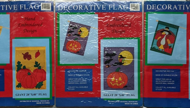 Holiday Decorative Full Color Giant Flag Lot Of 3 Nylon Hand Embroidered Fall
