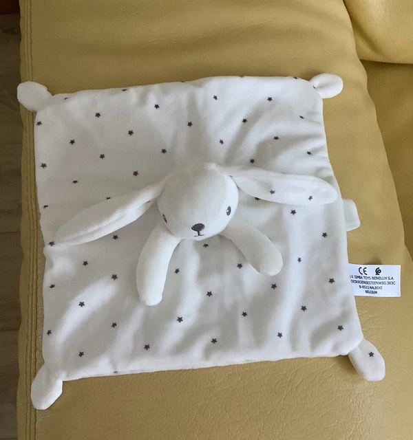 TBE Doudou plat lapin blanc étoiles grises Simba Toys attache tétine Blanc