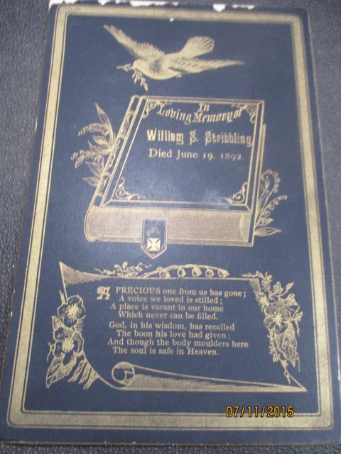 Antique Vtg 1892  Victorian Death Funeral Card Mourning Black Gold SCRIBBLING