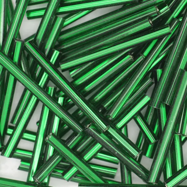 Czech Glass Bugle Beads 25mm ( 1 inch ) Green Silver Lined