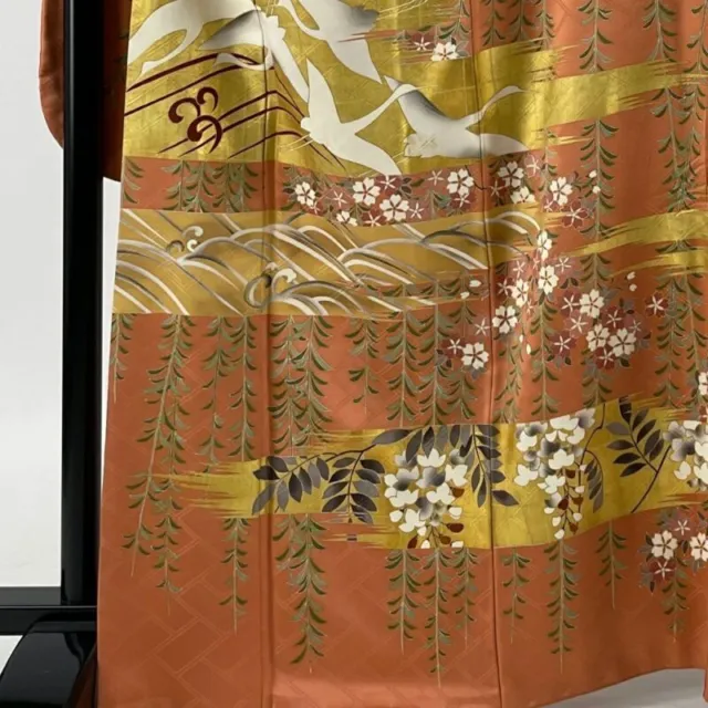 Japanese Kimono Furisode Pure Silk Crane Shidare Cherry Gold Orange