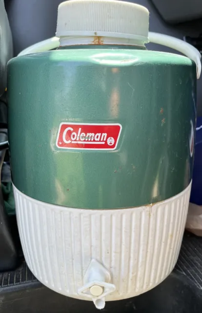 Vintage COLEMAN Water Jug Cooler Drink Dispenser Green White 2 Gallon With Cup