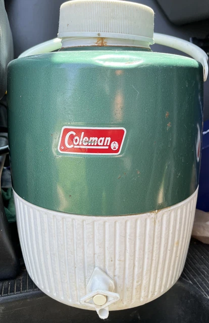 Vintage COLEMAN Water Jug Cooler Drink Dispenser Green White 2 Gallon With Cup