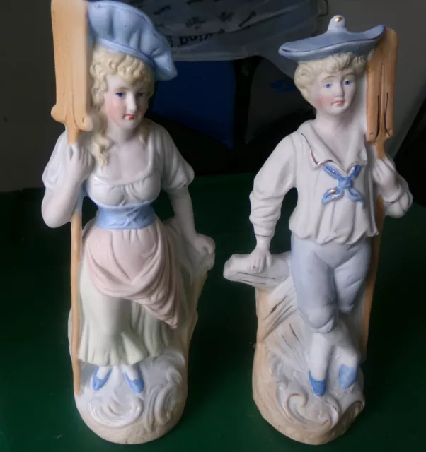 Vintage Unmarked Decorative Porcelain Boating Woman & Man Figurines 8 1/2"