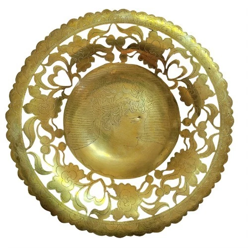 Antique Ornate Brass Dish Bowl Vntg Golden Metal Roman Floral Heart Decorative