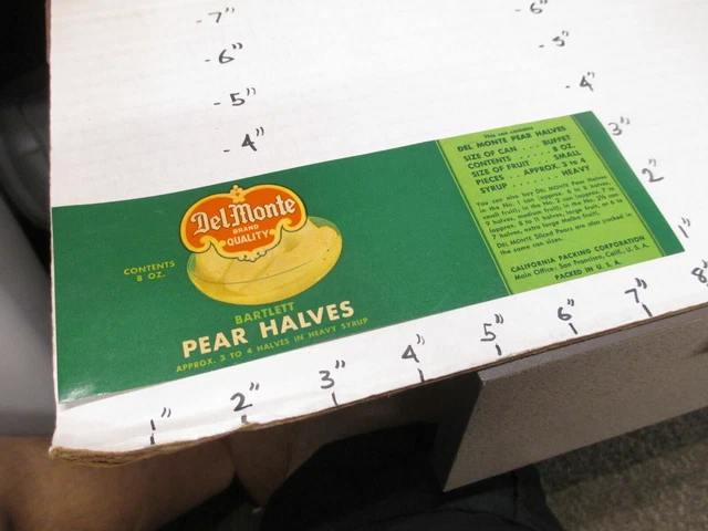 DEL MONTE pear halves fruit 1930s metal tin can food paper label 8oz