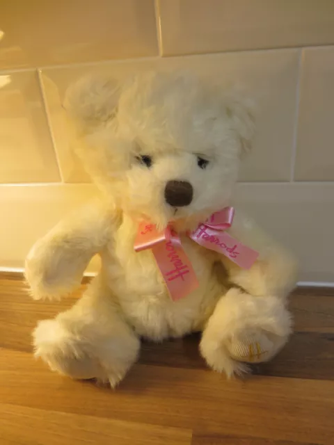 Harrods white small plush soft Teddy Bear with pink bow 23 cm