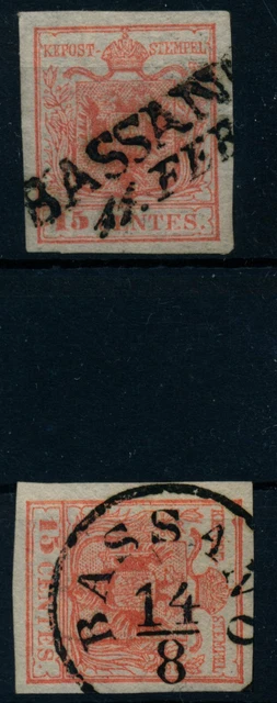 LOMBARDEI-VENETIEN 1850 15C, HP, Type II. und 15C, Type III. Versch. BASSANO