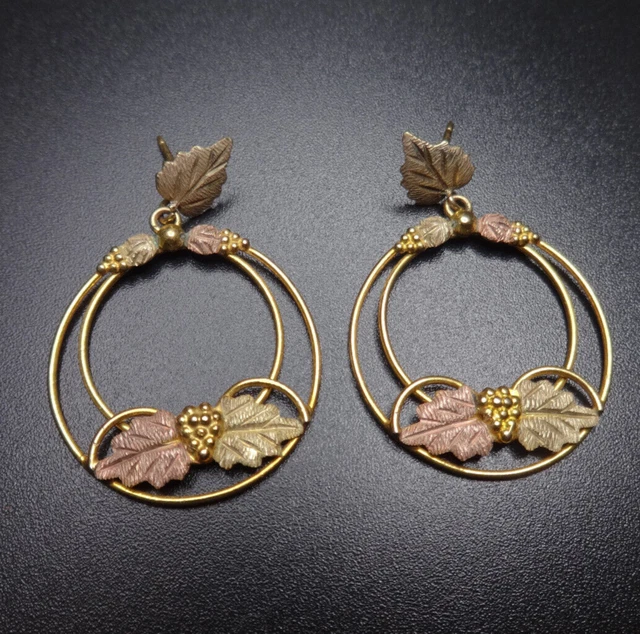 Black Hills 10K Multicolored Gold Earrings Grape Leaf Dangle BHG