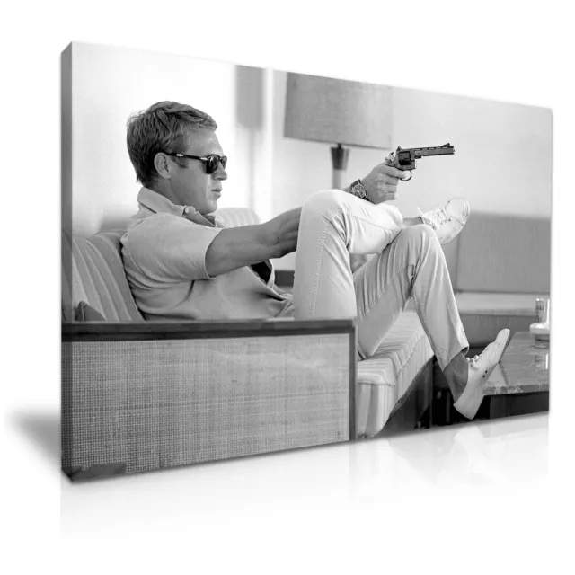 Steve McQueen with Gun Icon Black and White Modern Canvas Wall Art Print 76x50cm