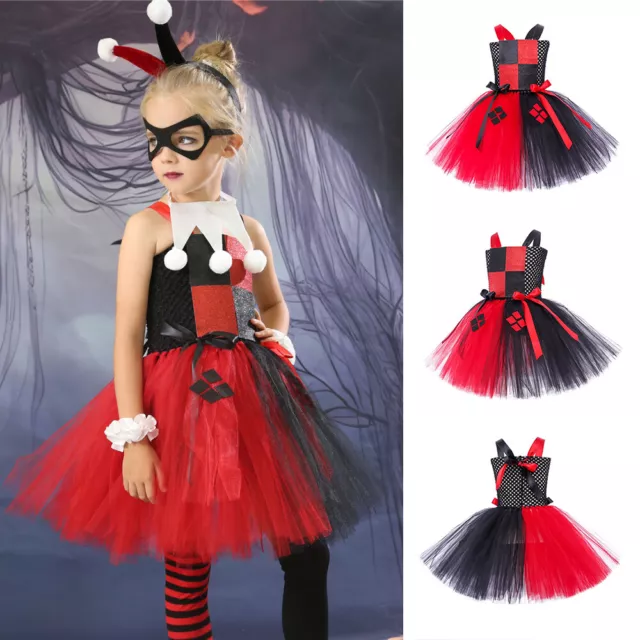 Kids Girls Queen Clown Costume Fancy Dress Gloves Masquerade Halloween Cosplay
