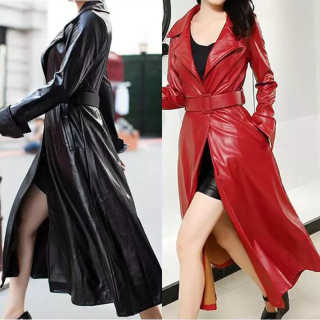 Fashion Womens Long leather Trench coat Dress Slim Fit Outwear Lapel Punk Jacket