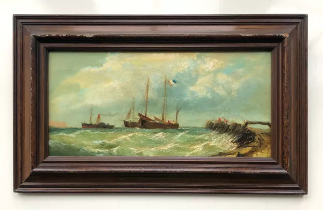 French School Original 18th Century Antique Oil Painting, Shipping off the Coast