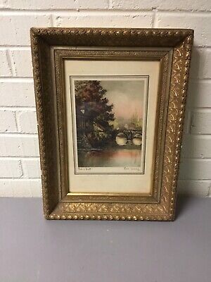 Antique Vtg Ornate Gold Gilt Leaf Wood Gesso Deep Frame W/Glass Print 17 X 12”