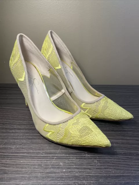 EUC Jessica Simpson Women's Camba Pumps Heels Neon Yellow Mesh Lace Size 11