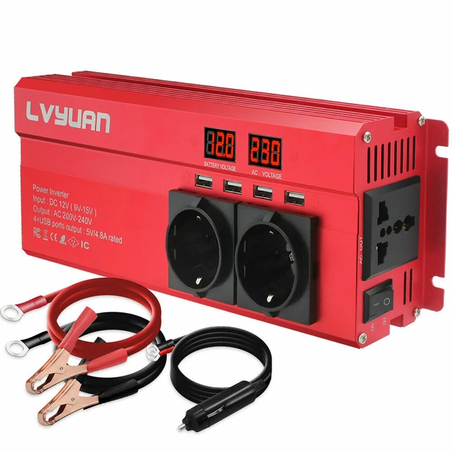 Auto 1000W 2000W Spannungswandler DC 12V auf AC 230V Wechselrichter 4USB Rot