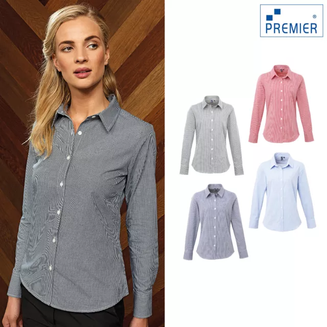 Premier Ladies Microcheck Gingham Long Sleeve Cotton Shirt(PR320)-Bar Restaurant