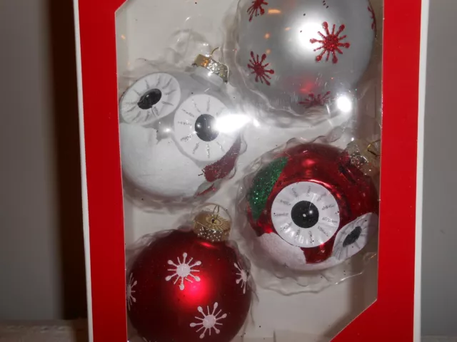 Brand New in Box HOLIDAY TIME Set 4 OWL Glass Ball Christmas Ornaments GLITTER