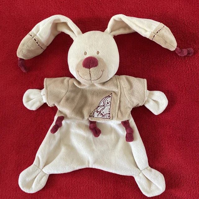 🇫🇷 doudou plat lapin Bastien beige fils nœuds rouge bordeaux NICOTOY NEUF