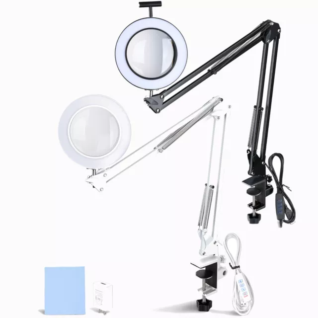 Magnifying Glass Desk Lamp with 3-Section Swing Arm and Big Clamp