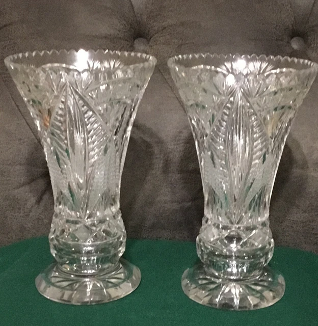Pair Of Unusual Antique Cut Glass Vases Late American Brilliant Period 9 1/4”