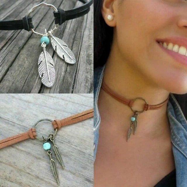 Men Women Double Feather Pendant Leather Choker Necklace Party Gifts Adjustable