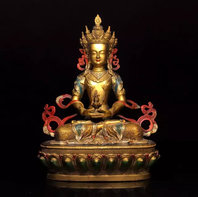 30CM Chinese Old Bronze Color Gilding Statue Buddha Q684