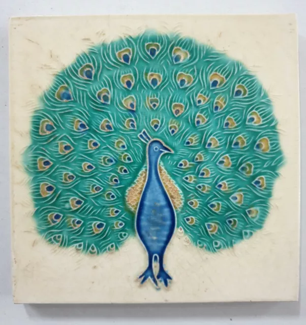 Vintage Majolica Tile DANCING PEACOCK  6in x 6in Japan (6780)