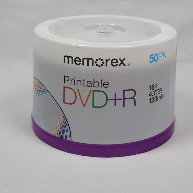 50 Pack Memorex Printable DVD+R 16X Blank 4.7GB 120 Min Recordable Media Sealed