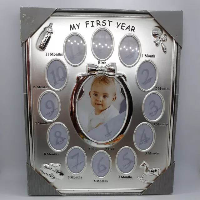 NEW Prinz My First Year Photo Frame Brushed Silver Tone Baby Steps 13 Photo Spot