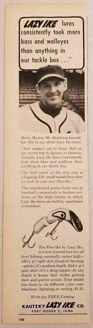 1957 Print Ad Lazy Ike Flex-Ike Fishing Lures Marty Marion Baseball Shortstop