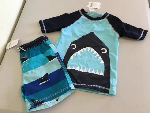 NWT Gymboree Shark Rash Guard Swim trunk Swimsuit Set UPF 50+ Outlet Boys