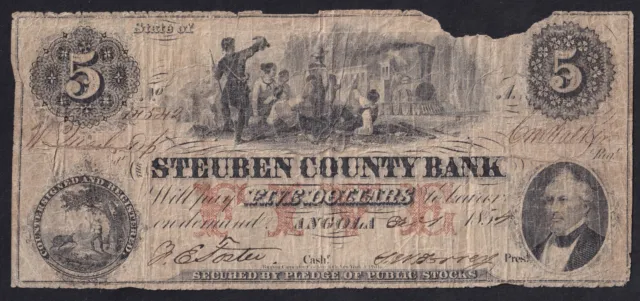 1854 Steuben County Bank, Angola, Indiana $5 Note W16-6 15-G8A (59271)