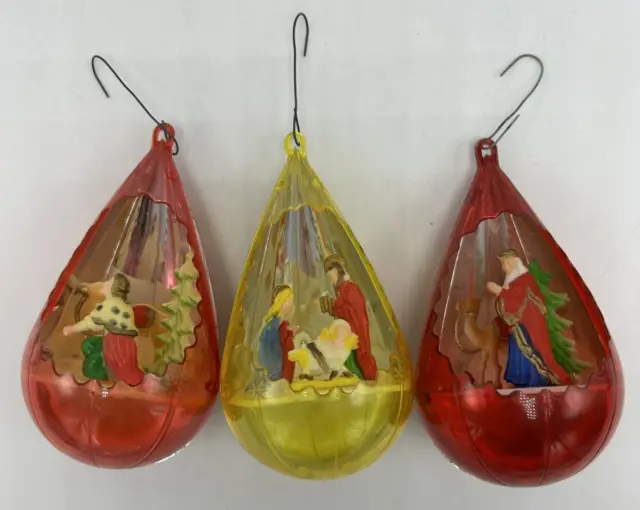 Vintage Jewelbrite Ornament Lot Teardrop Nativity Diorama 3D Plastic Christmas 3