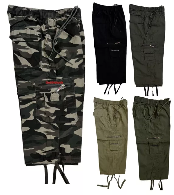 Mens Plain 3/4 Combat Long Length Shorts Elasticated Waist Cargo Three Quarter