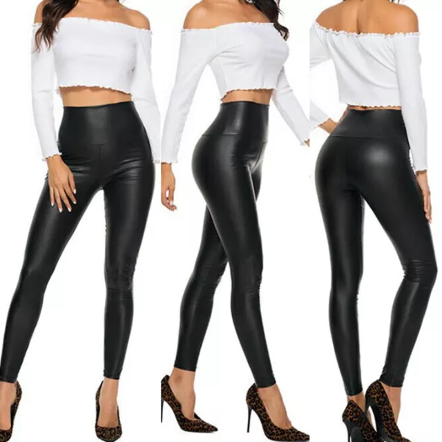 Ladies High Waist Black Faux Leather Leggings Wet Look Shiny Stretchy Tight  Pant